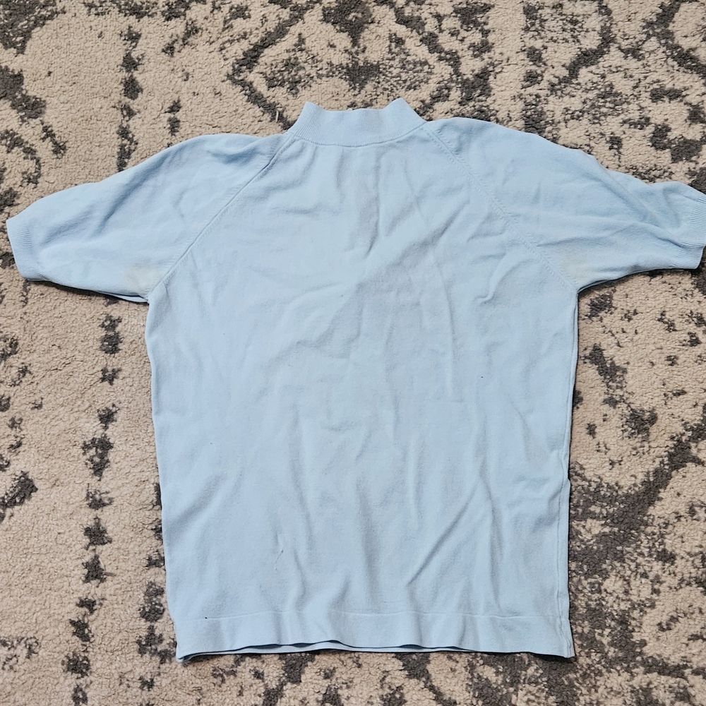 Vintage Full Fashioned Baby Blue Stretch Nylon Mock Neck Zip Back Knit Top